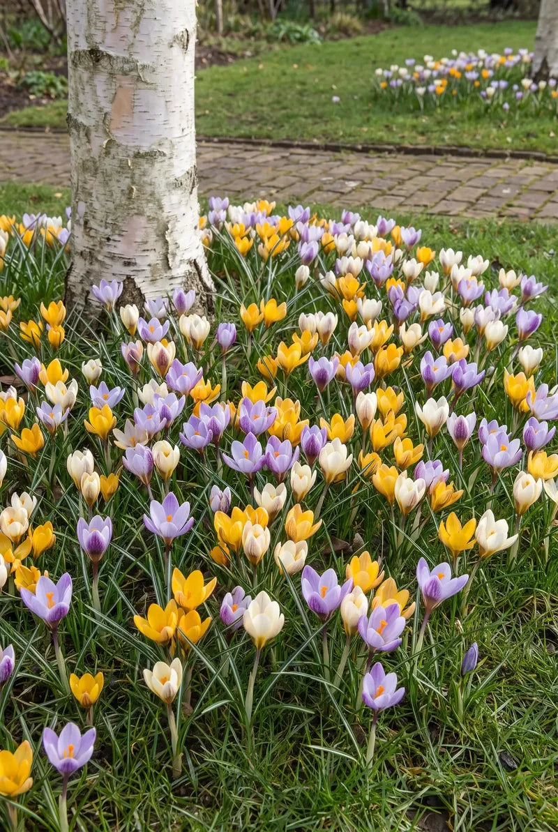 Crocus en fleur en bordure de massif au début du printemps