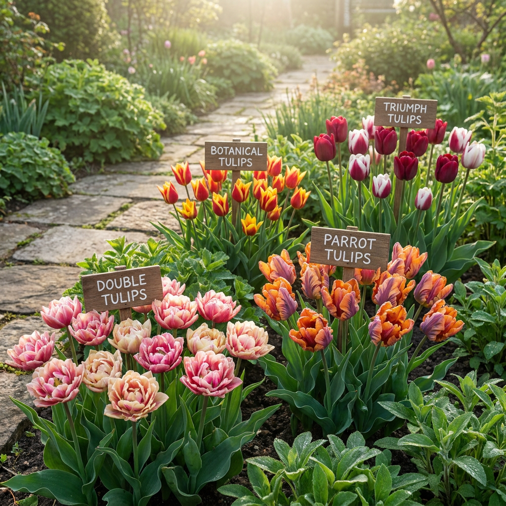 Mixed tulip varieties in a Dutch-style spring garden, with double, parrot and Triumph blooms grouped together in soft morning light.