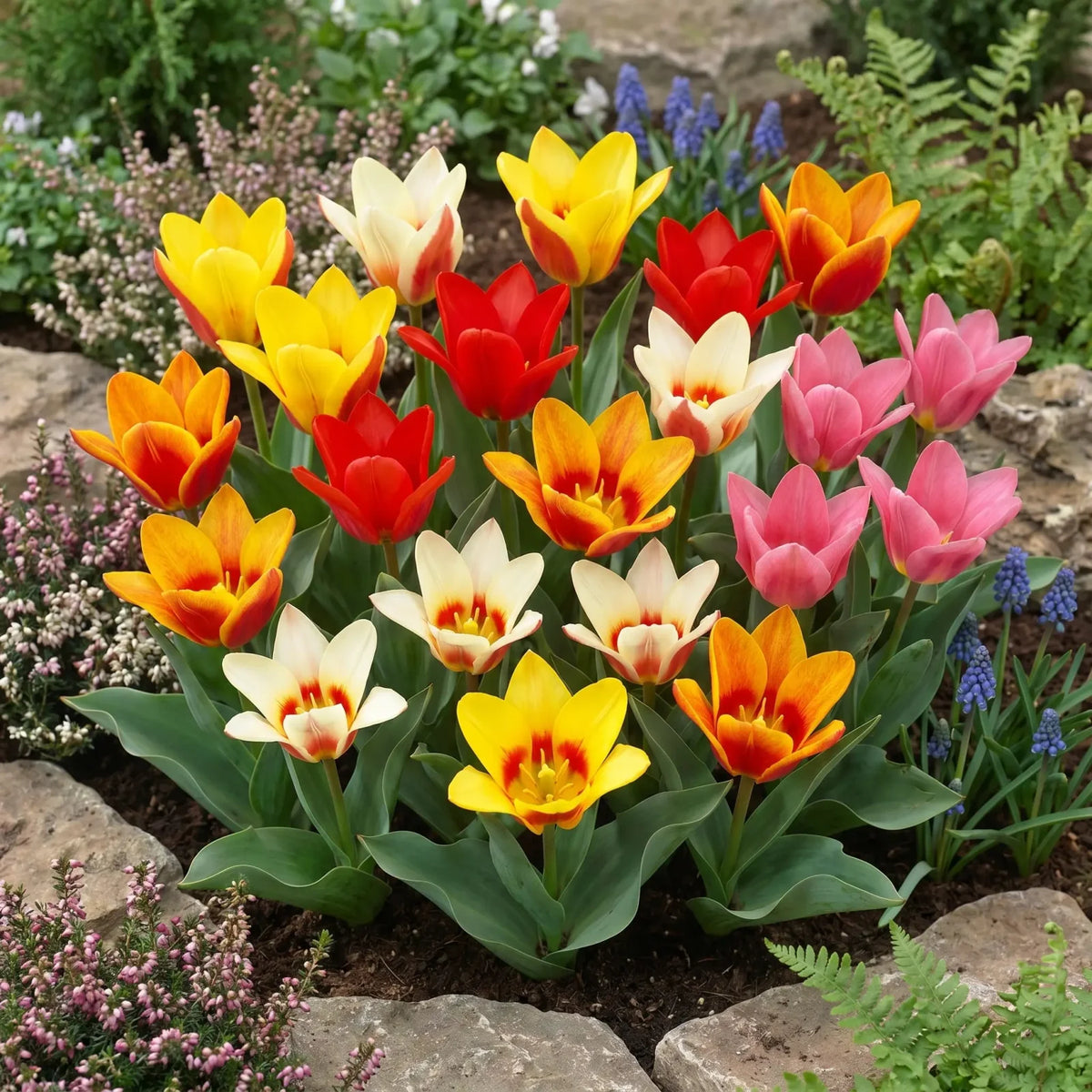 Gemengde kaufmanniana waterlelie-tulpen in een voorjaarsborder