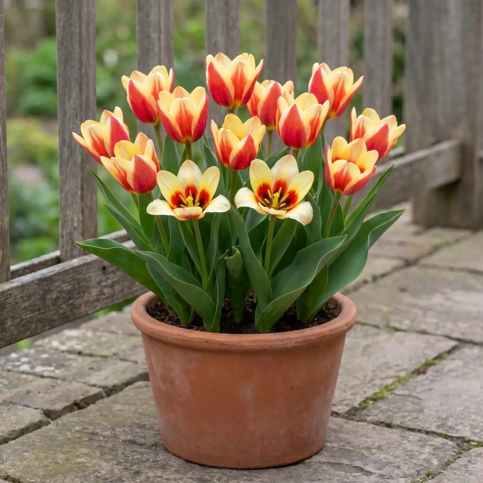 Tulipa Johan Strauss in een terracotta pot op een terras