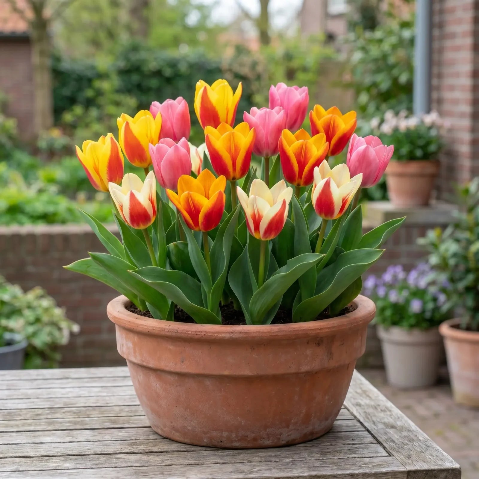 Gemengde kaufmanniana tulpen in een terracotta pot op een terras