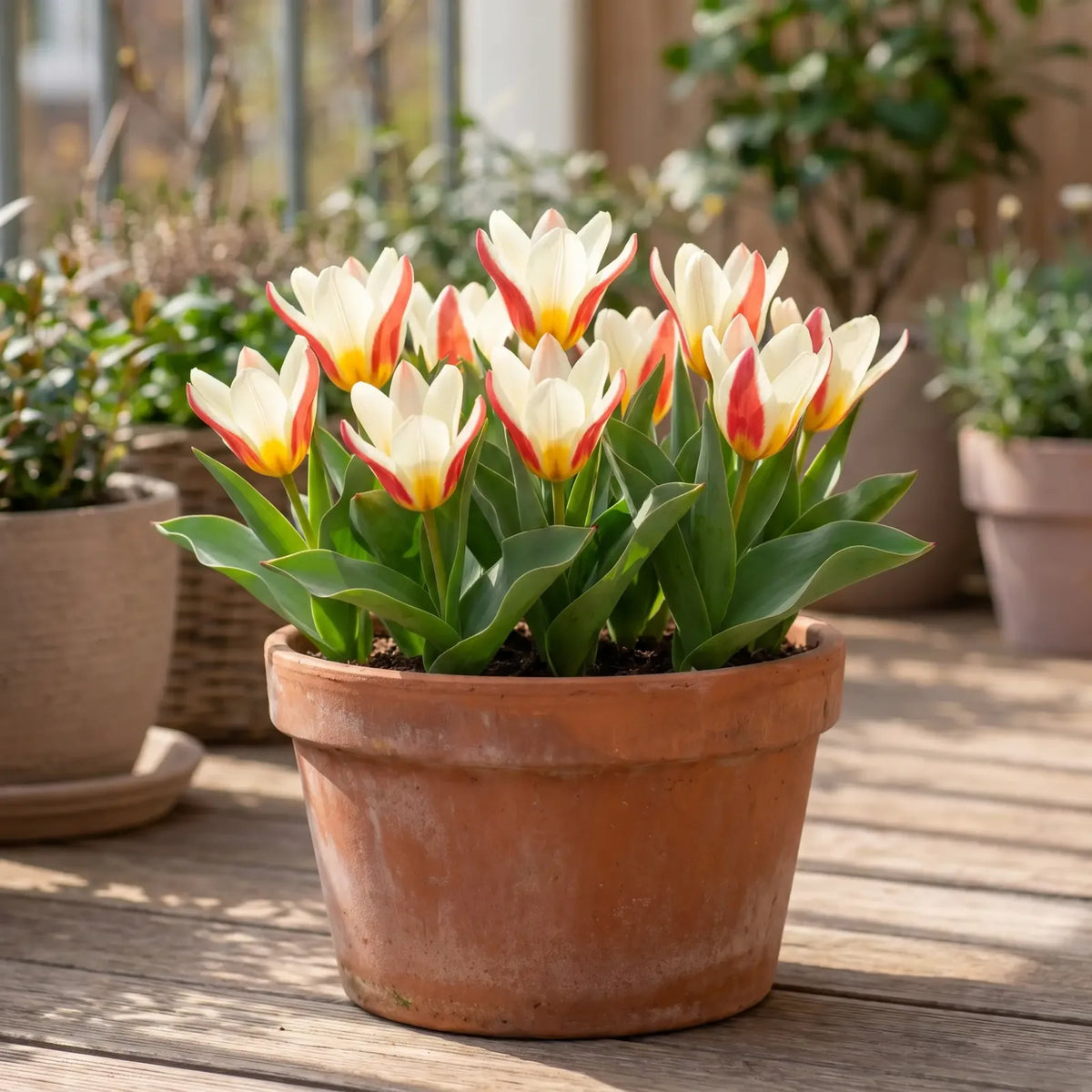 Tulipa The First in een terracotta pot op een terras