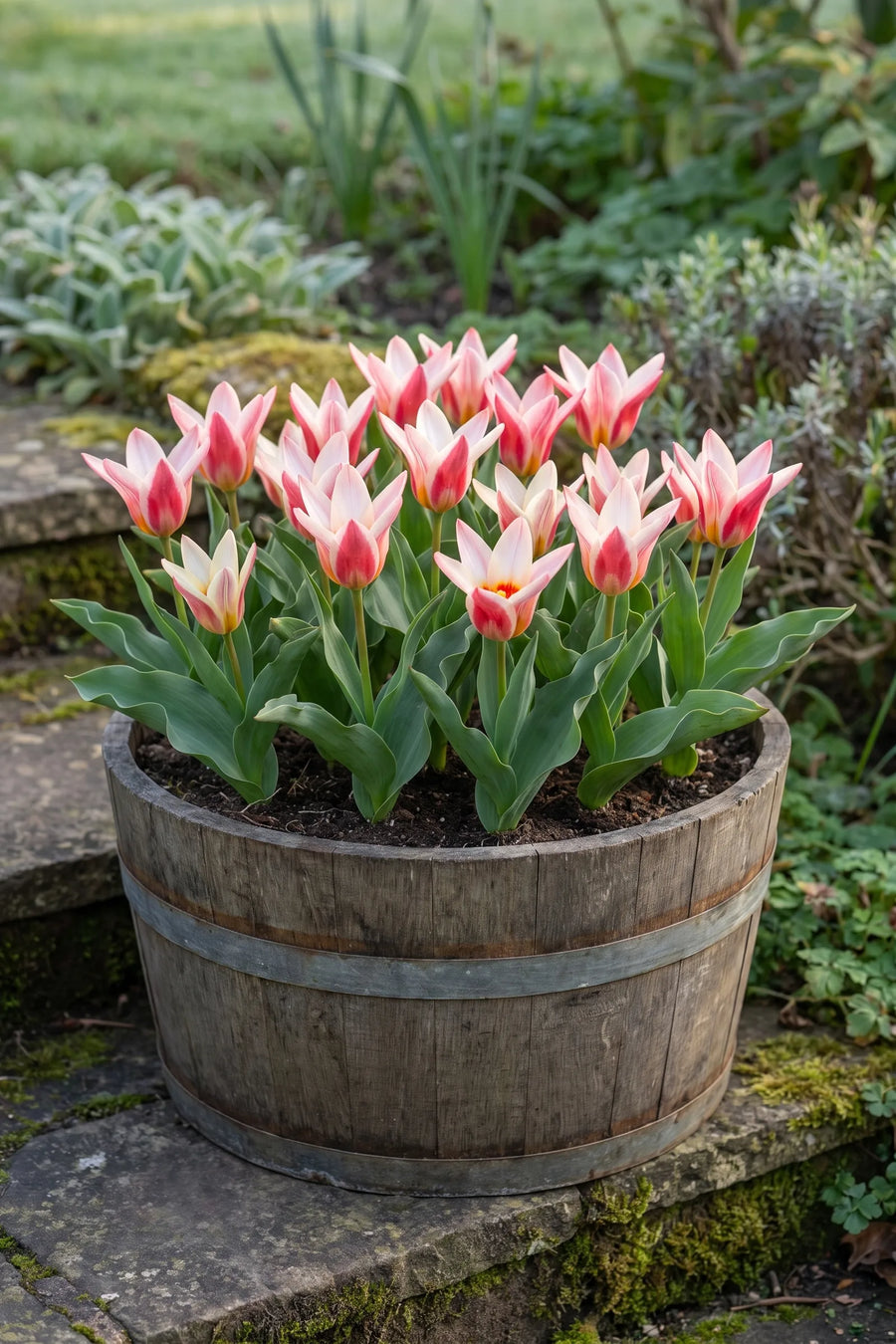 Tulipa Ancilla in een pot op een terras