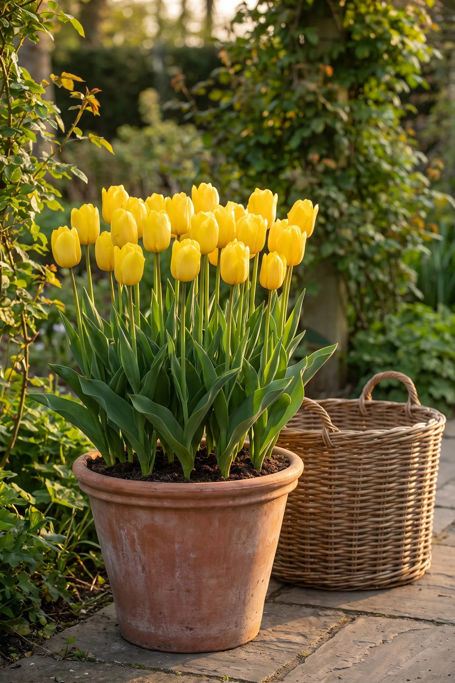 Tulipa Strong Gold in een pot op een terras