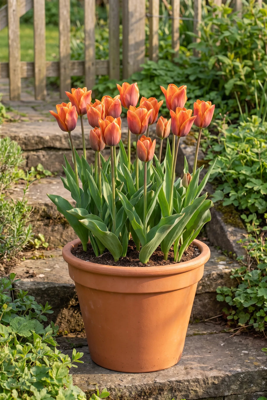 Tulipa Request in een pot op een terras