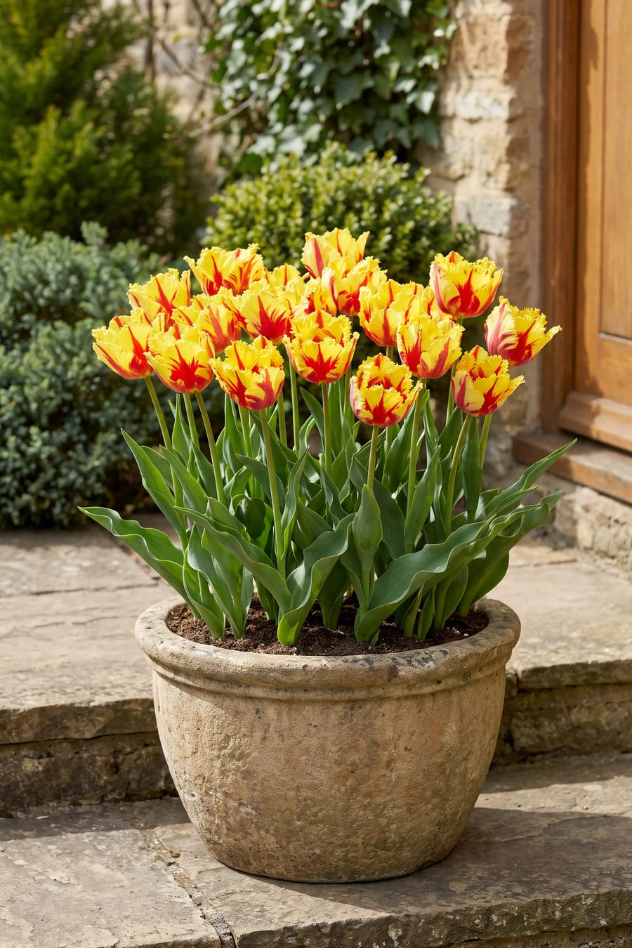 Tulipa Flaming Parrot in een pot op een terras