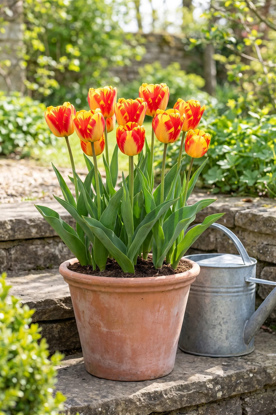 Tulipa Banja Luka in een pot op een terras