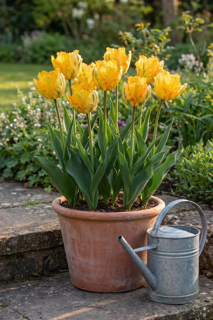 Tulipa Texas Gold in een pot op een terras