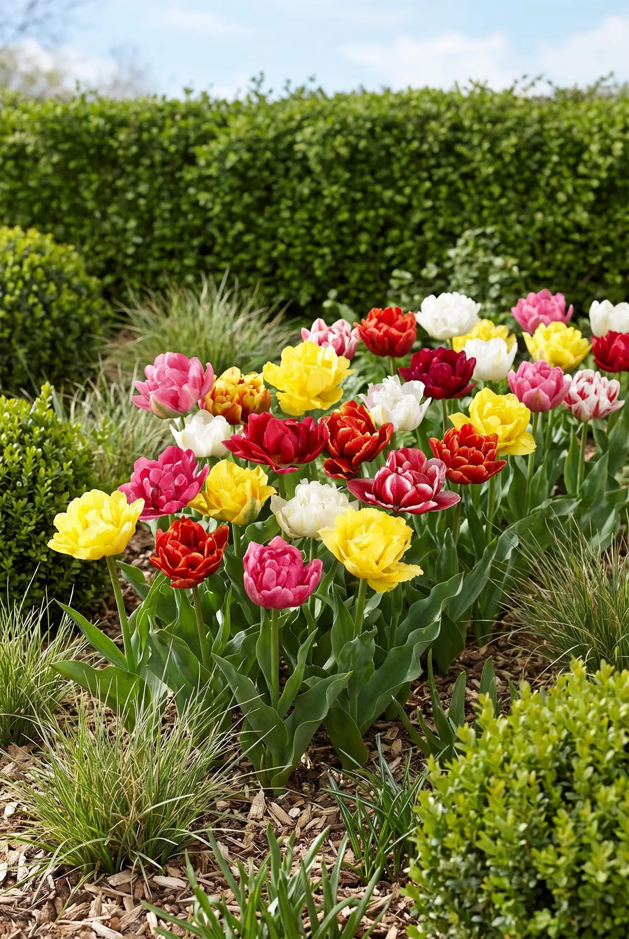 Tulipa Double Early Mixed — groep in de tuinborder