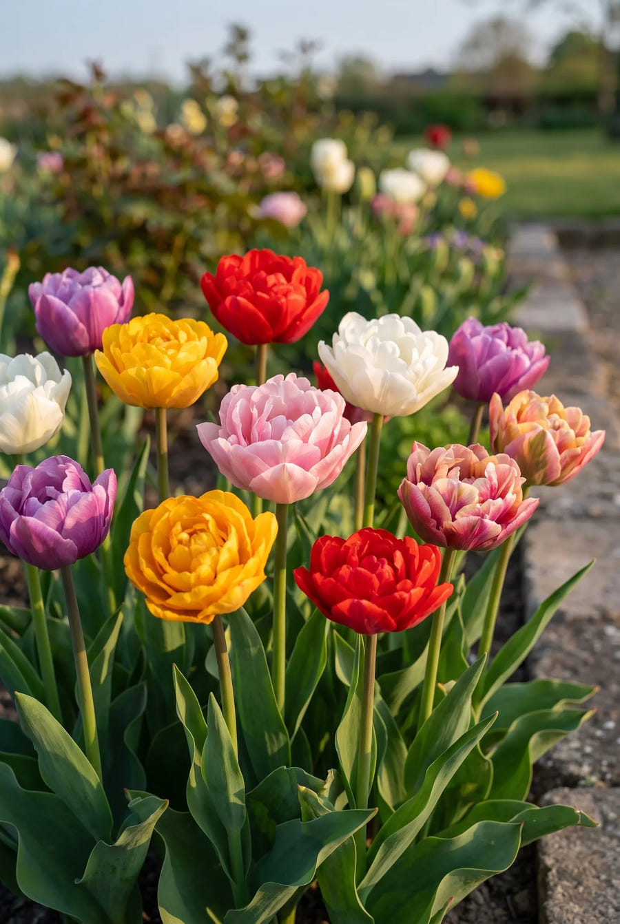Tulipa Double Early Mixed — groep in de tuinborder