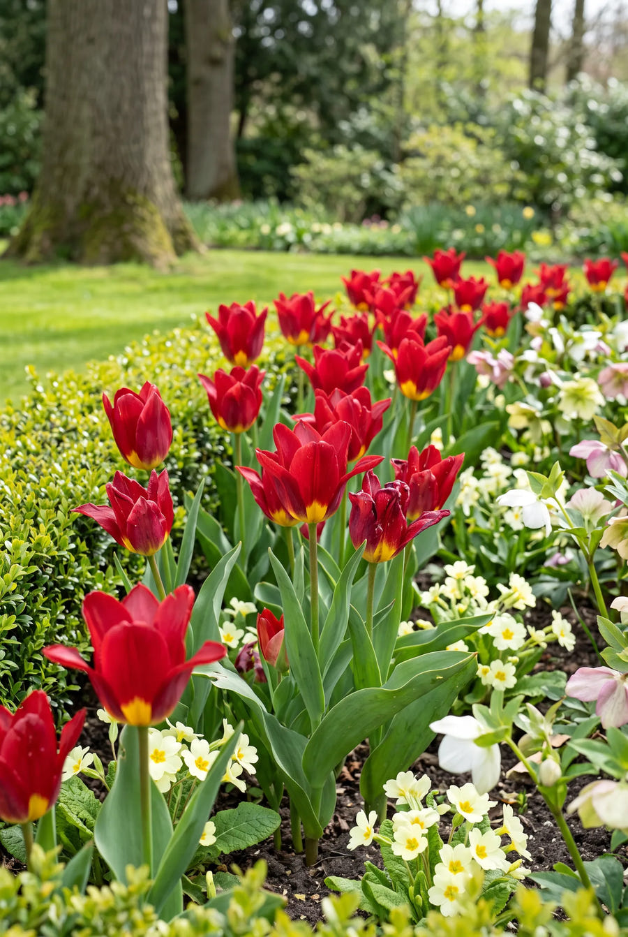 Tulipa Scarlet Baby — groep in de tuinborder