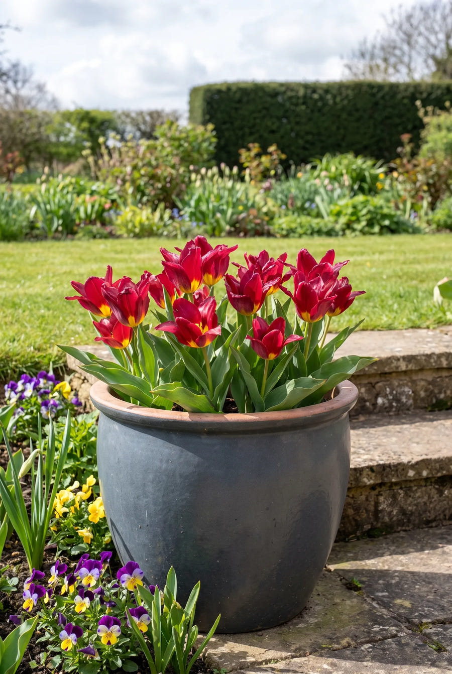 Tulipa Scarlet Baby — in pot op terras