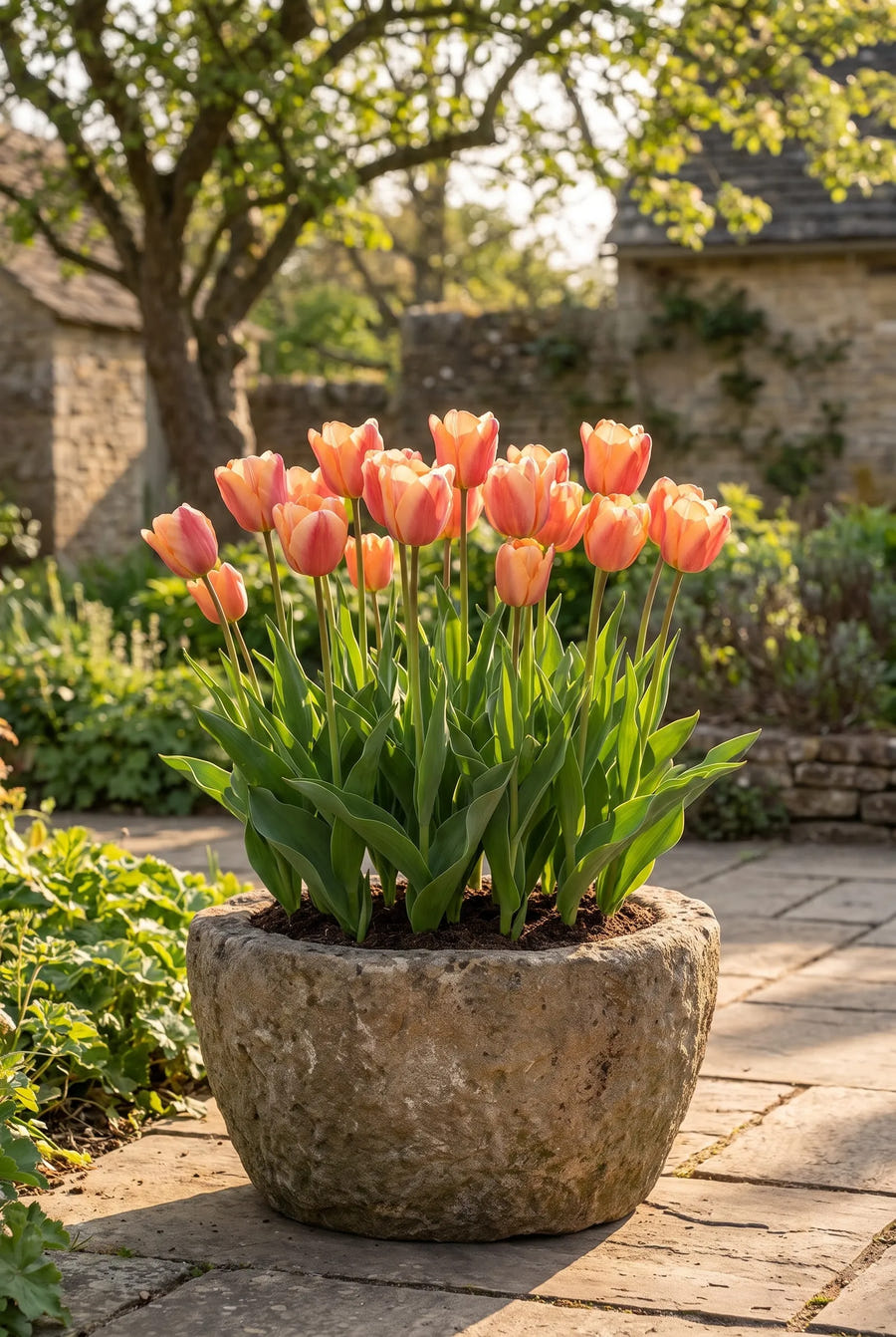 Tulipa Apricot Foxx — in pot op terras