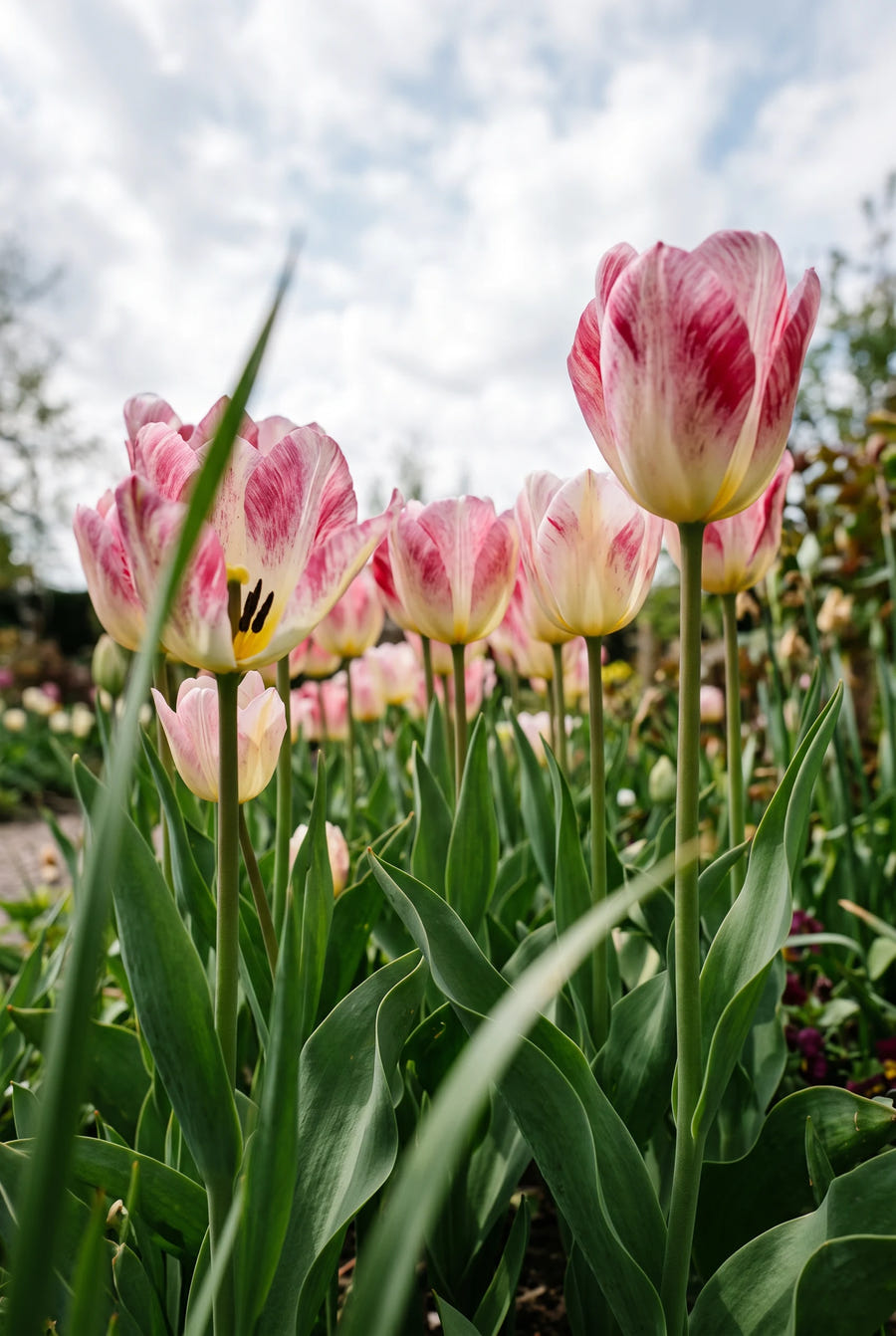 Tulipa Flaming Purissima — vanuit een lage hoek