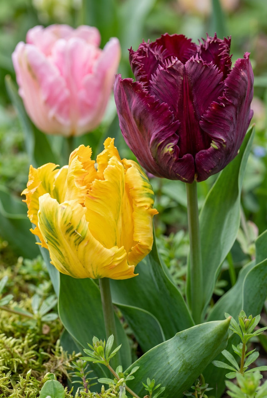 Tulipa Parrot Mixed — groep in de border