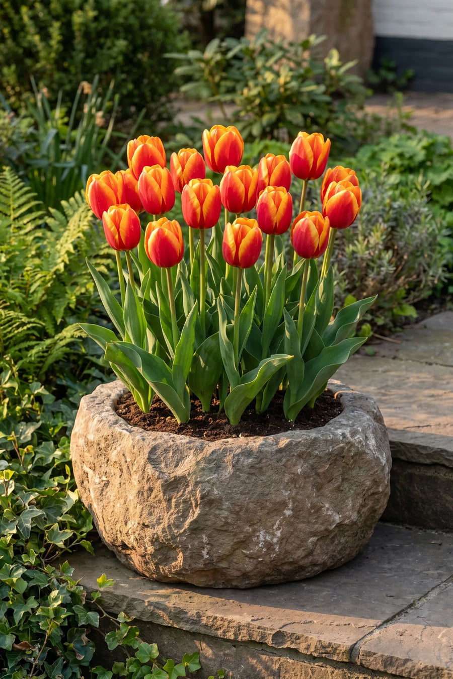 Tulipa Apeldoorn Elite in een pot op een terras