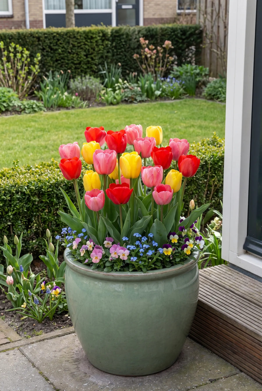 Tulipa Darwin Hybrid Mixed in pot op terras