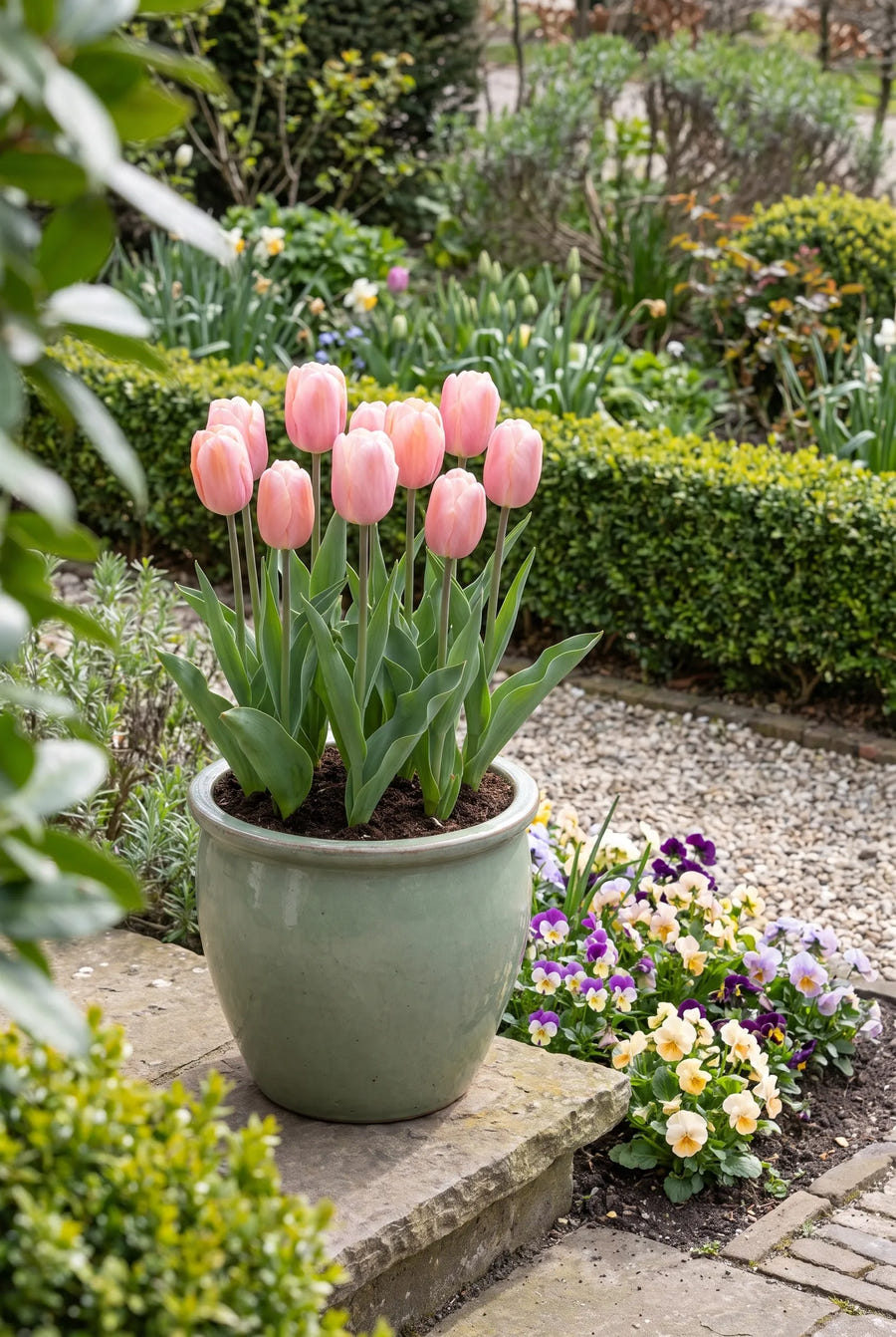 Tulipa Menton in pot op terras
