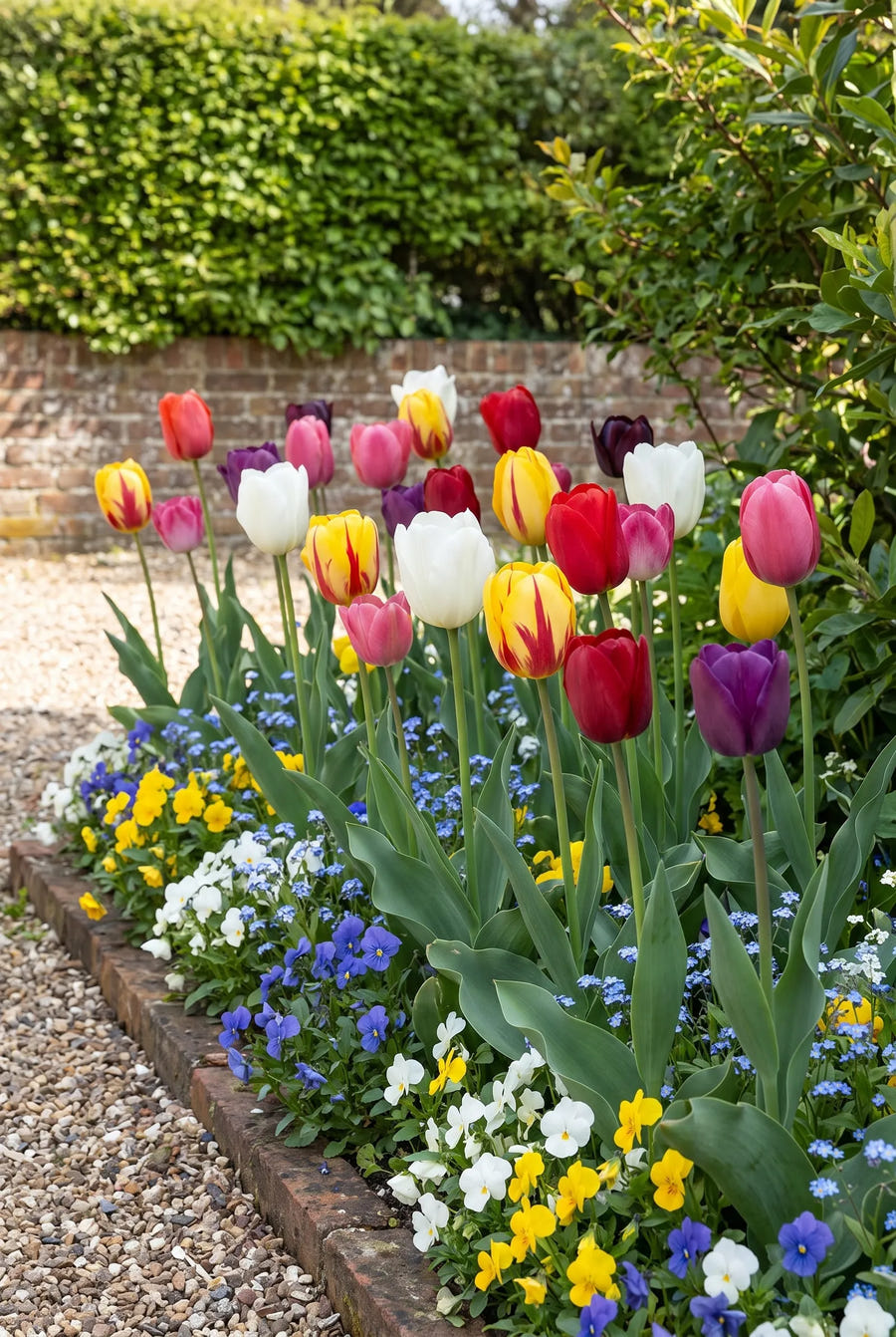 Tulipa Single Late Mixed groep in de tuinborder