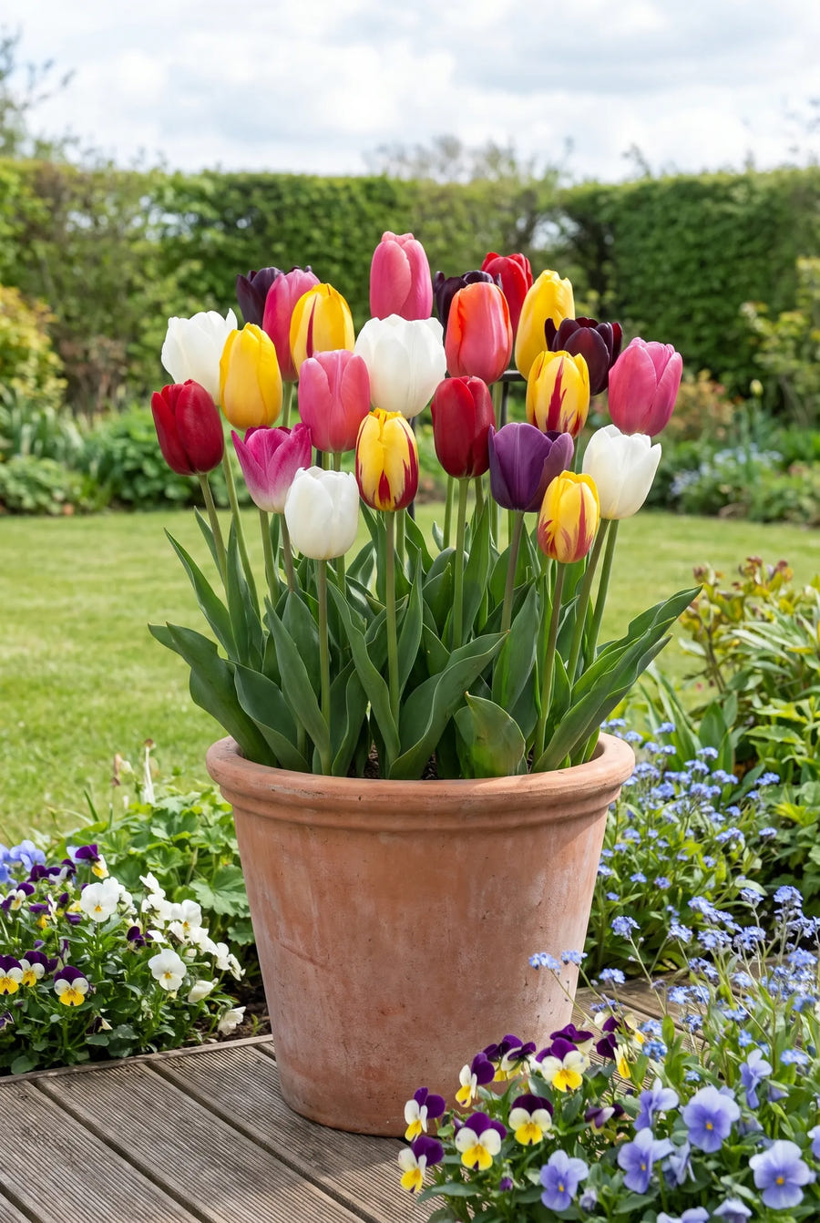 Tulipa Single Late Mixed in pot op terras