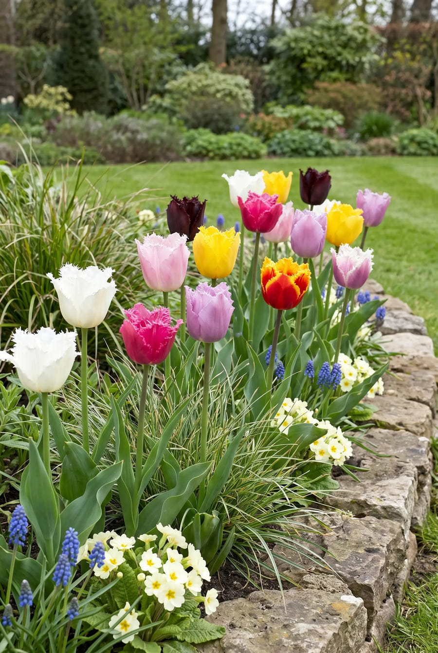 Tulipa Fringed Mixed — groep in de tuinborder