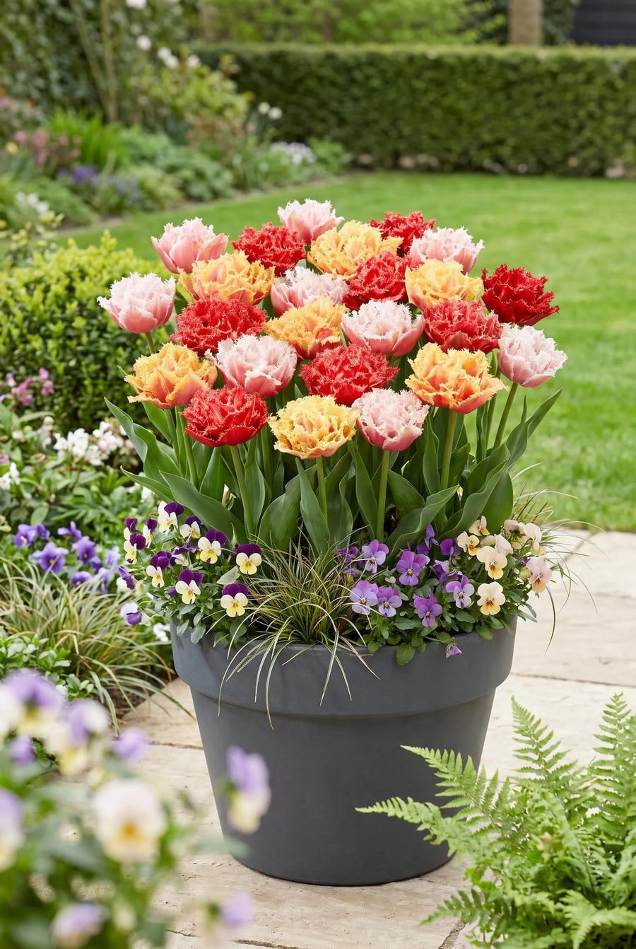 Tulipa Crispa Double Mixed — in pot op terras