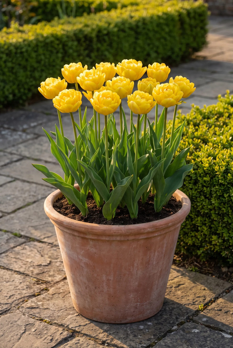 Tulipa Yellow Pomponette — in pot op terras