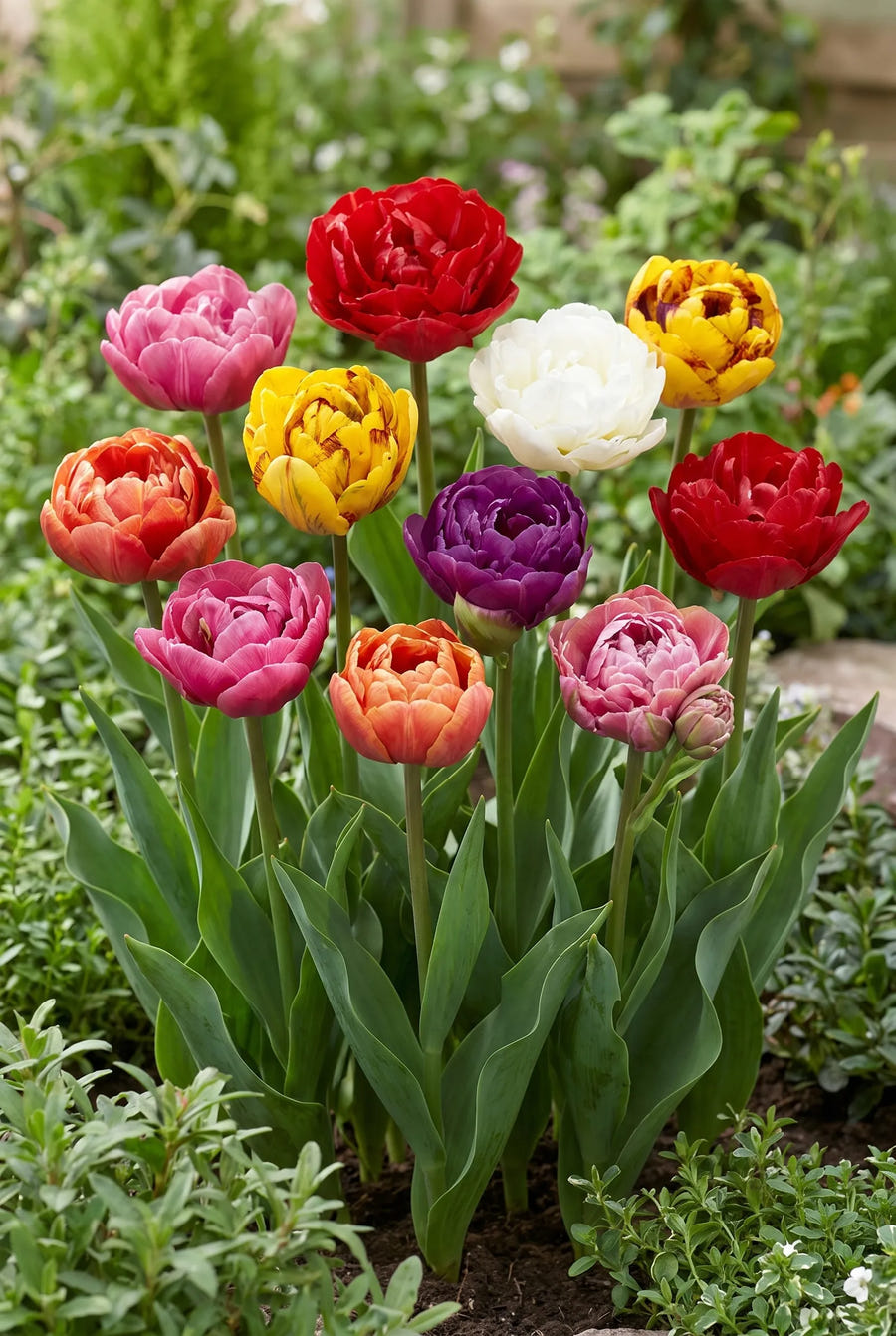 Tulipa Double Late Mixed — groep in de tuinborder