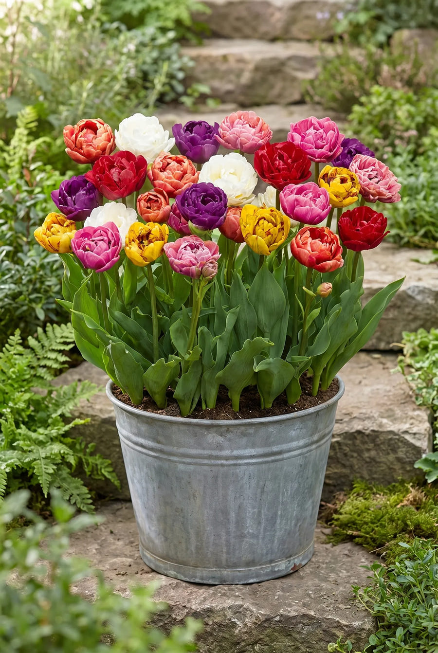 Tulipa Double Late Mixed — in pot op terras