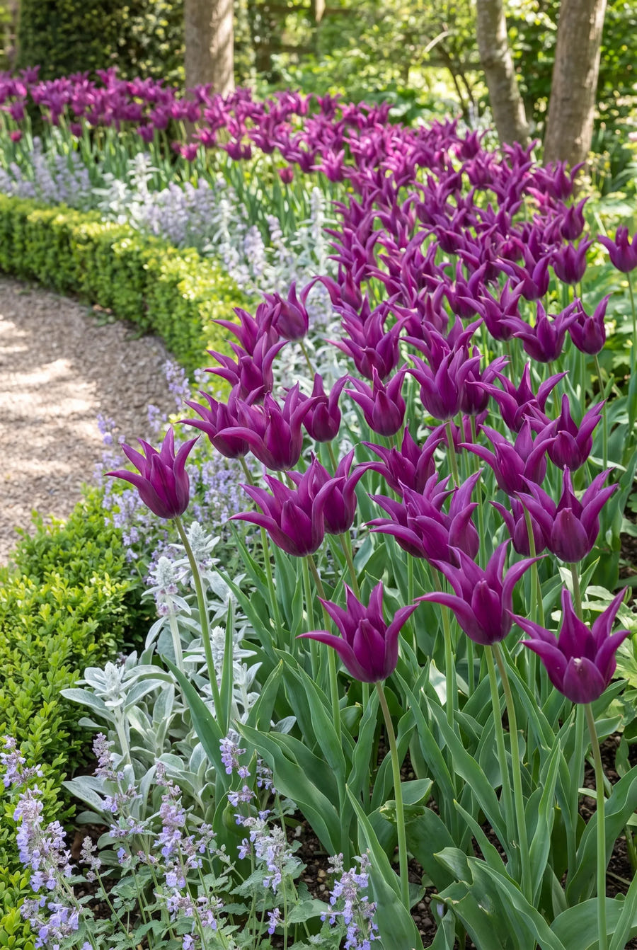 Tulipa Purple Dream — groep in de tuinborder