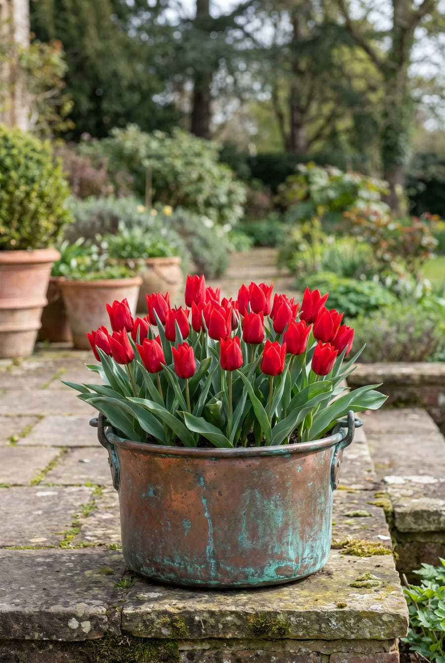 Tulipa Red Hunter — in pot op terras