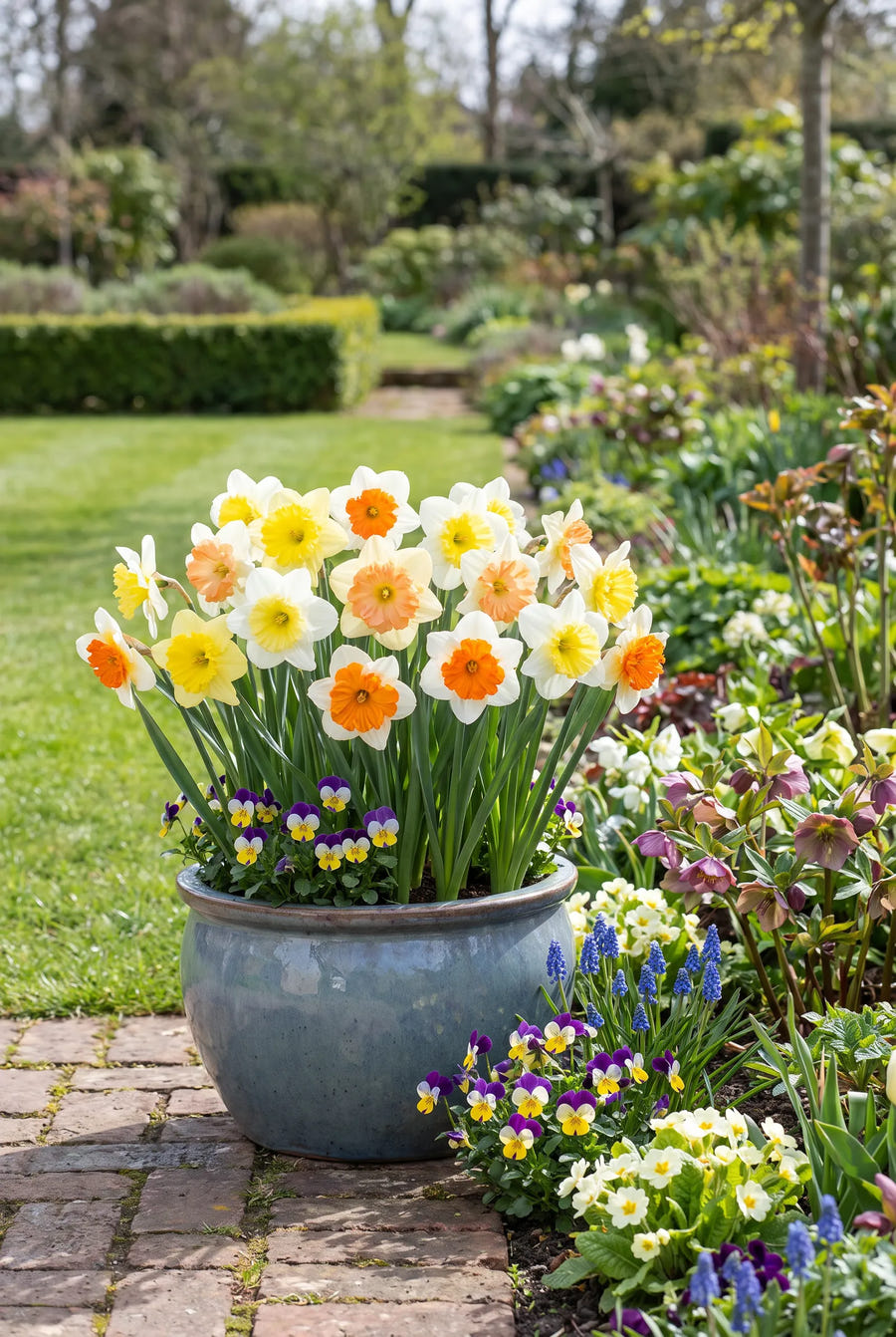 Narcissus Split Corona Mixed — in pot op terras