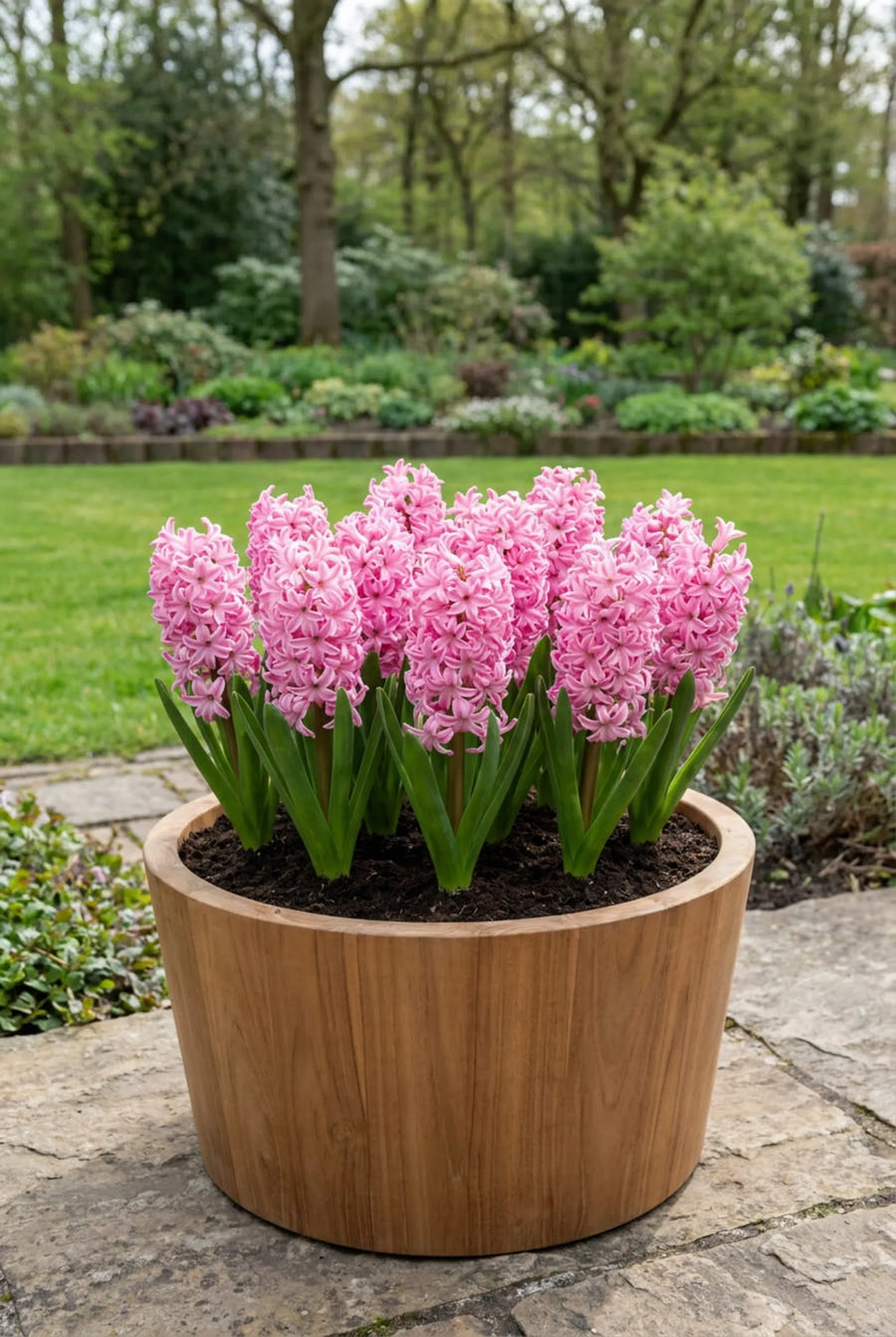 Hyacinthus Pink Pearl — in pot op terras