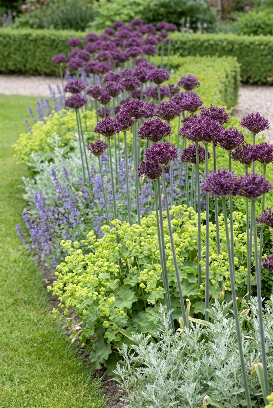 Allium Atropurpureum — groep in de tuinborder