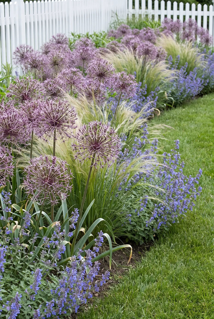 Allium Christophii — groep in de tuinborder