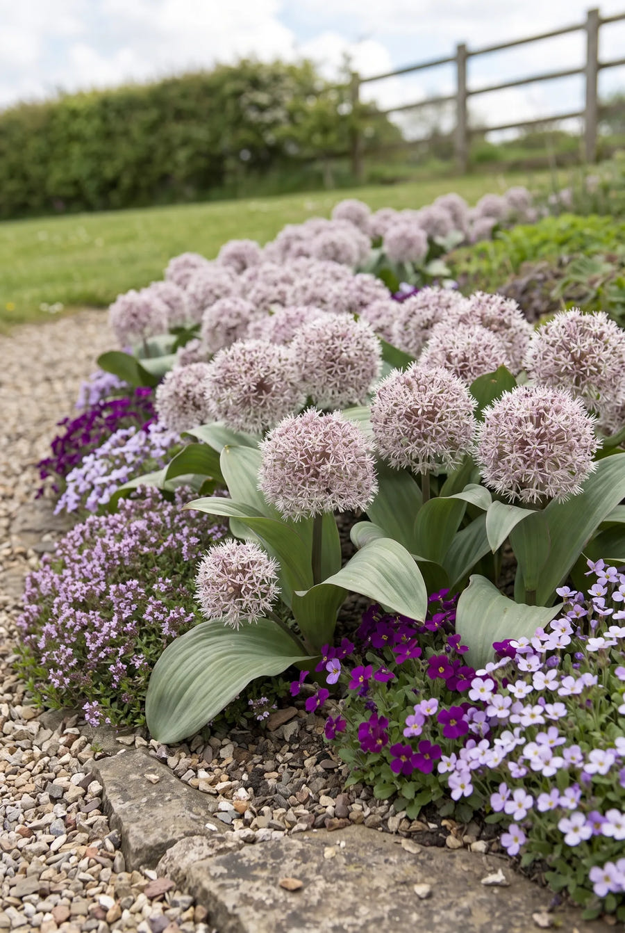 Allium Karataviense — groep in de tuinborder