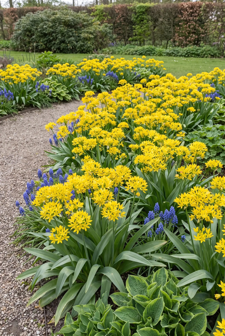 Allium Moly — groep in de tuinborder