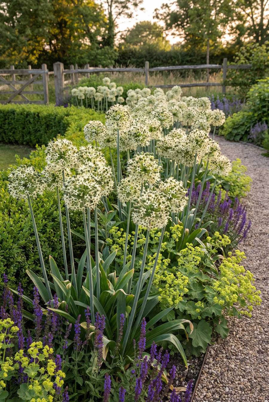 Allium Nigrum — groep in de tuinborder