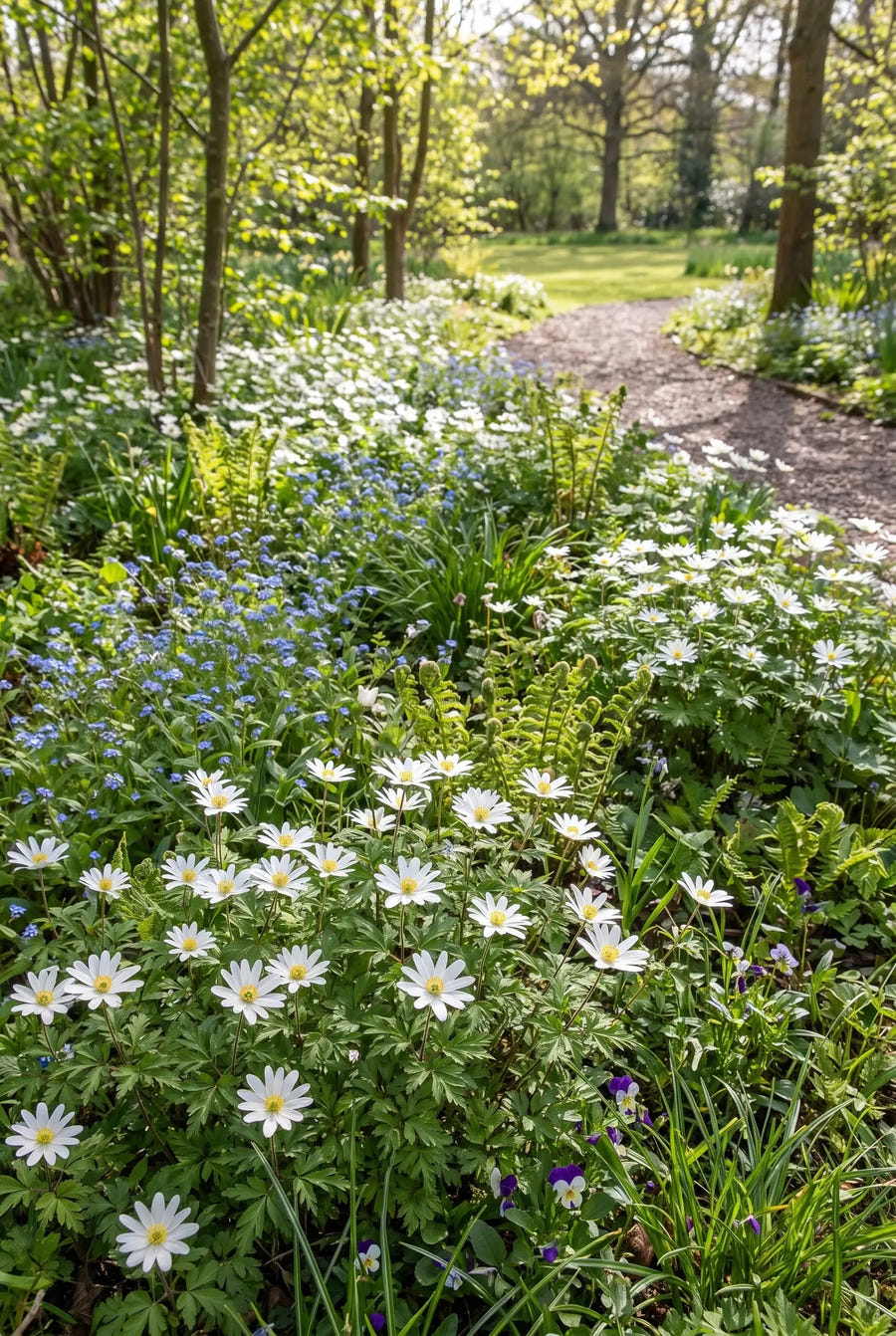 Anemone White Splendour — groep in de tuinborder