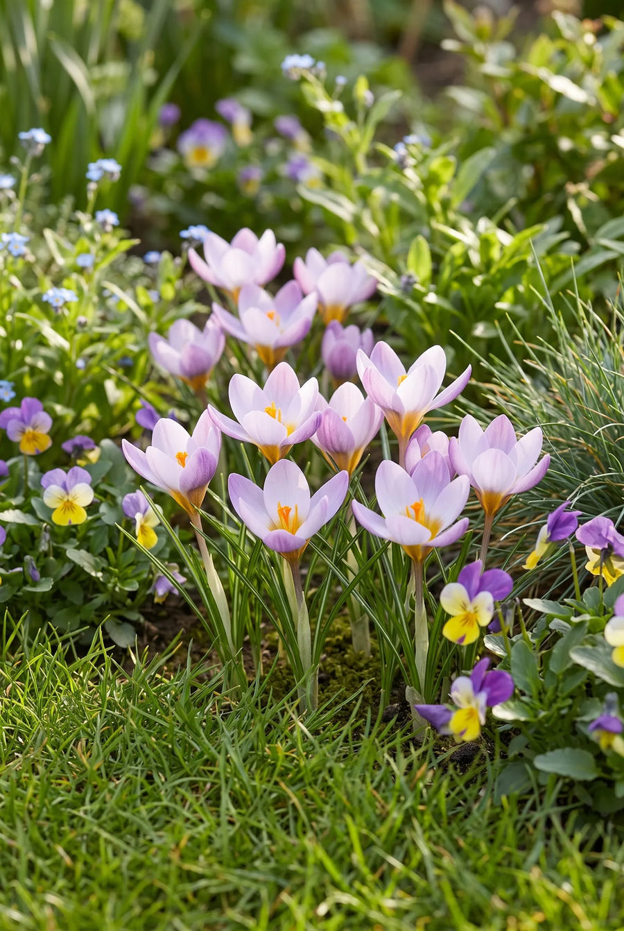 Crocus Firefly — groep in de tuinborder