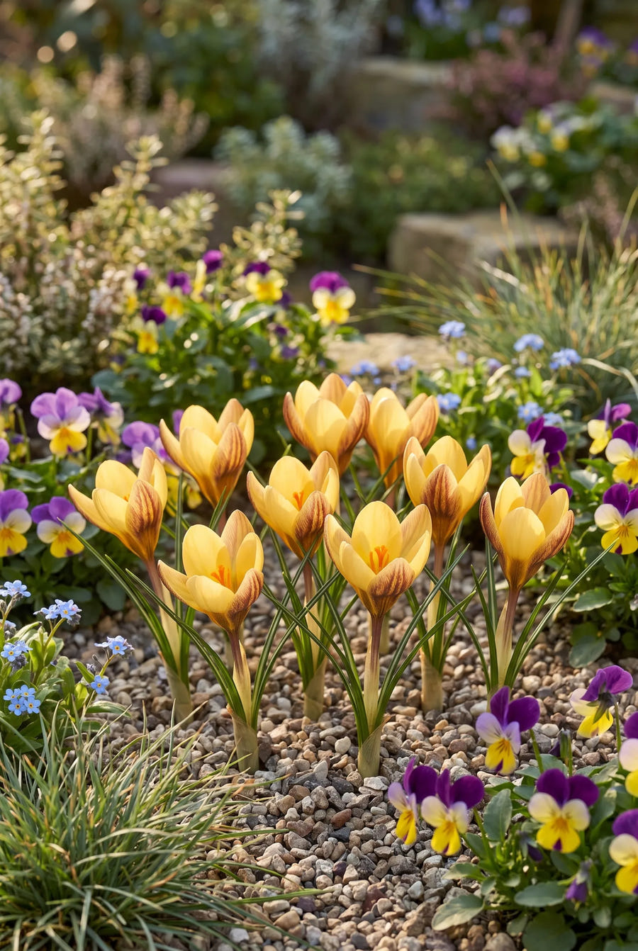 Crocus Fuscotinctus — groep in de tuinborder