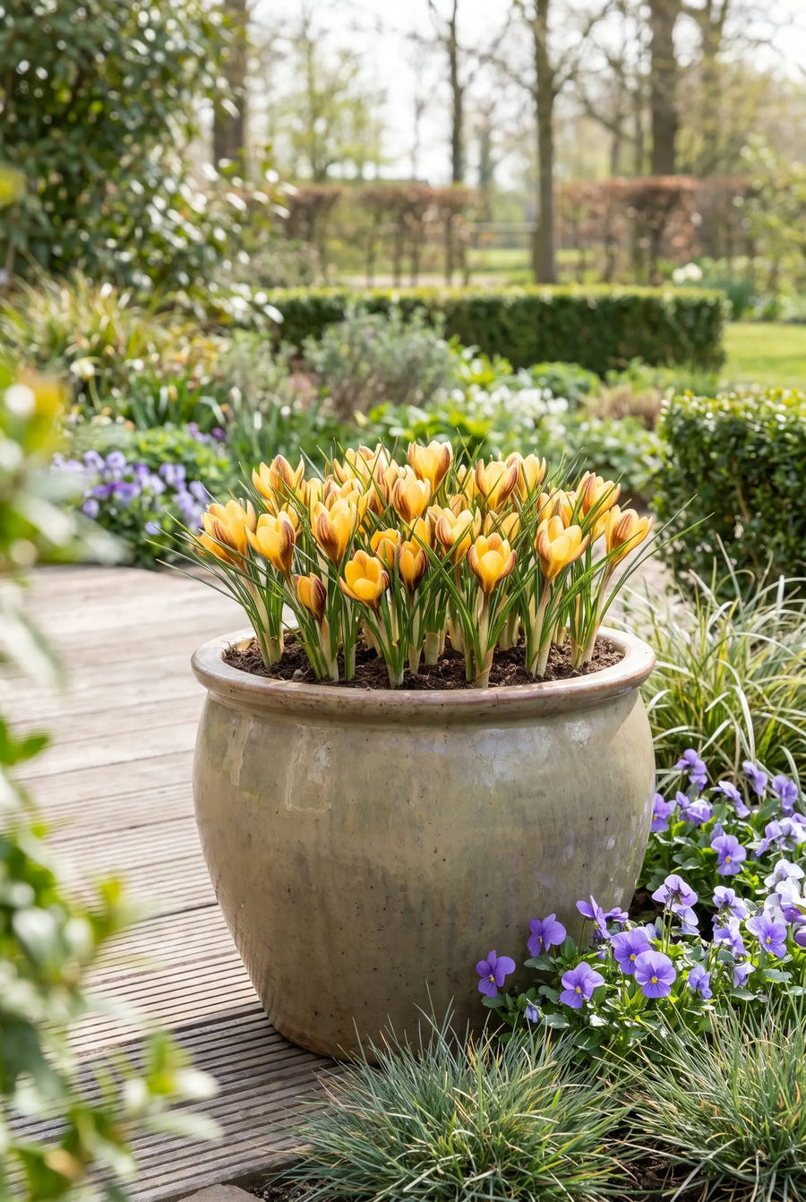 Crocus Fuscotinctus — in pot op terras