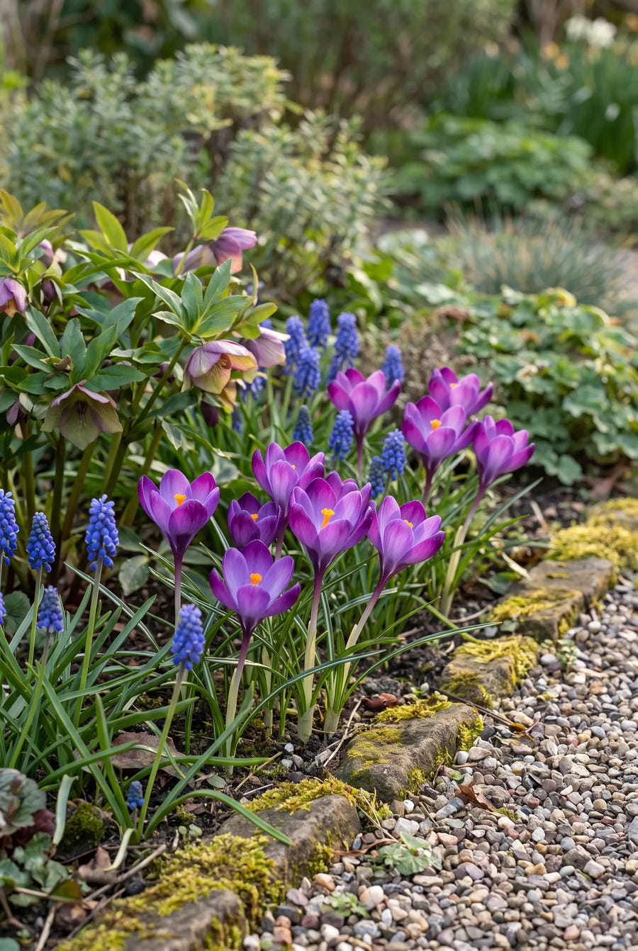 Crocus Ruby Giant — groep in de tuinborder