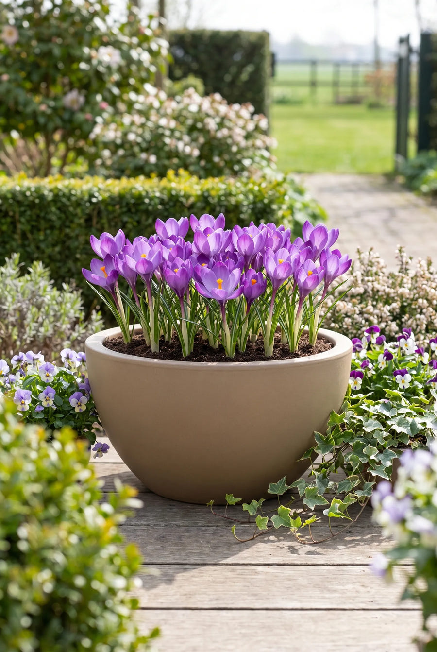 Crocus Ruby Giant — in pot op terras
