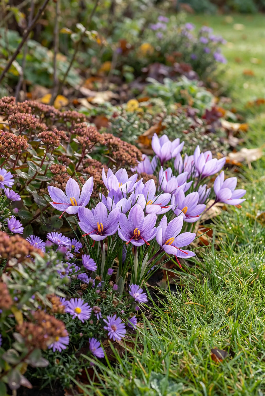 Crocus Sativus — groep in de tuinborder