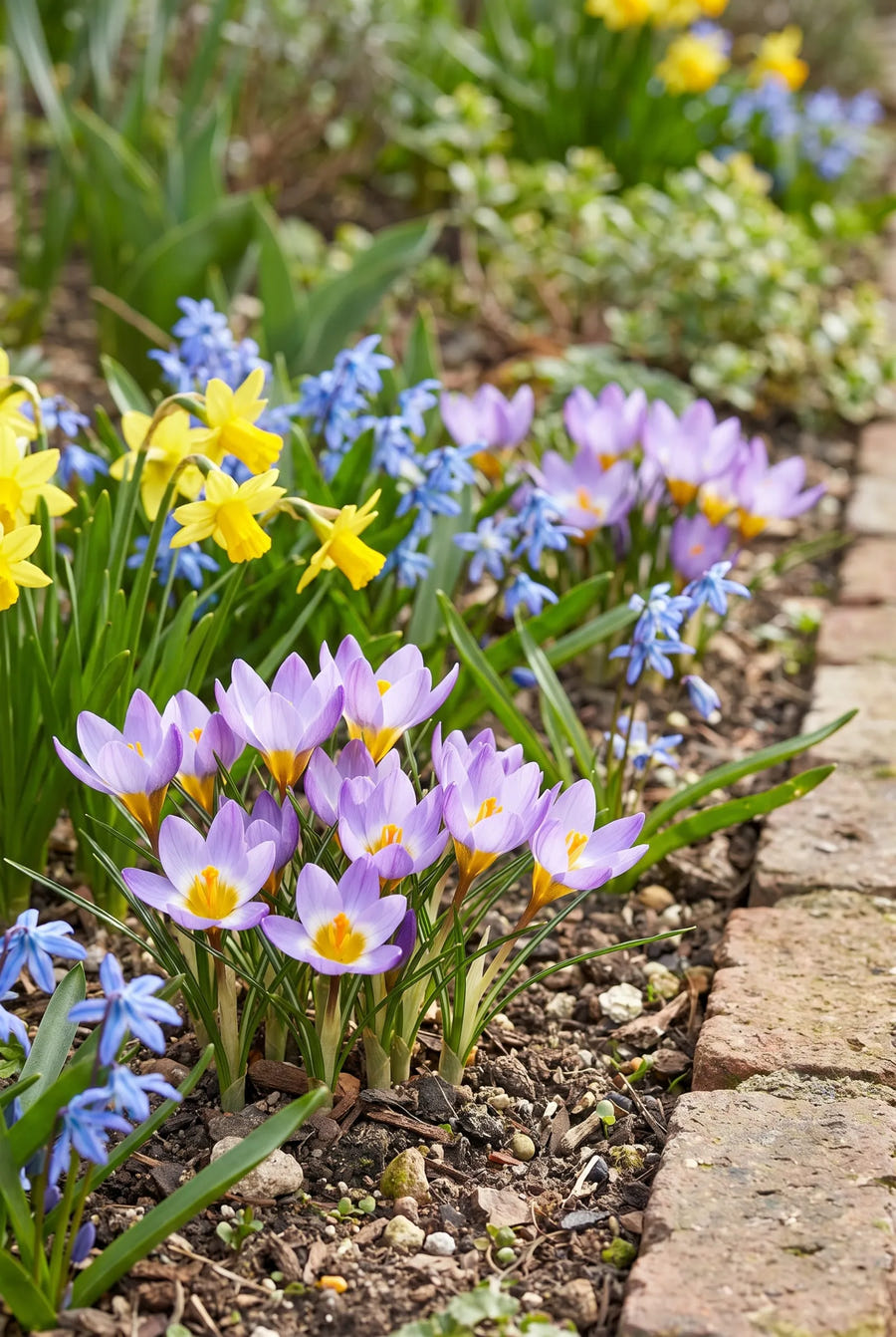 Crocus Sieberi Tricolor — groep in de tuinborder