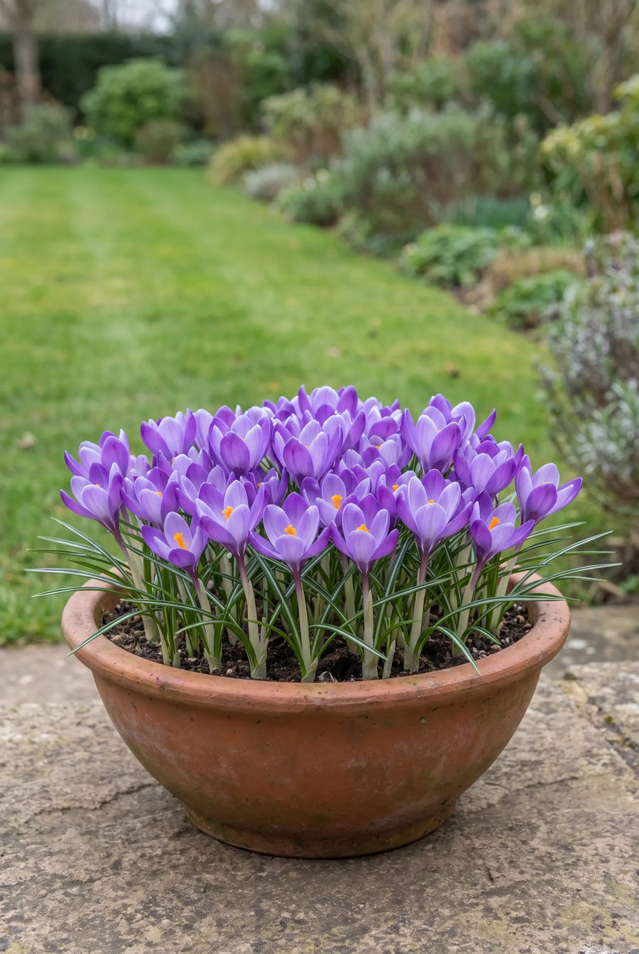 Crocus Whitewell Purple — in pot op terras