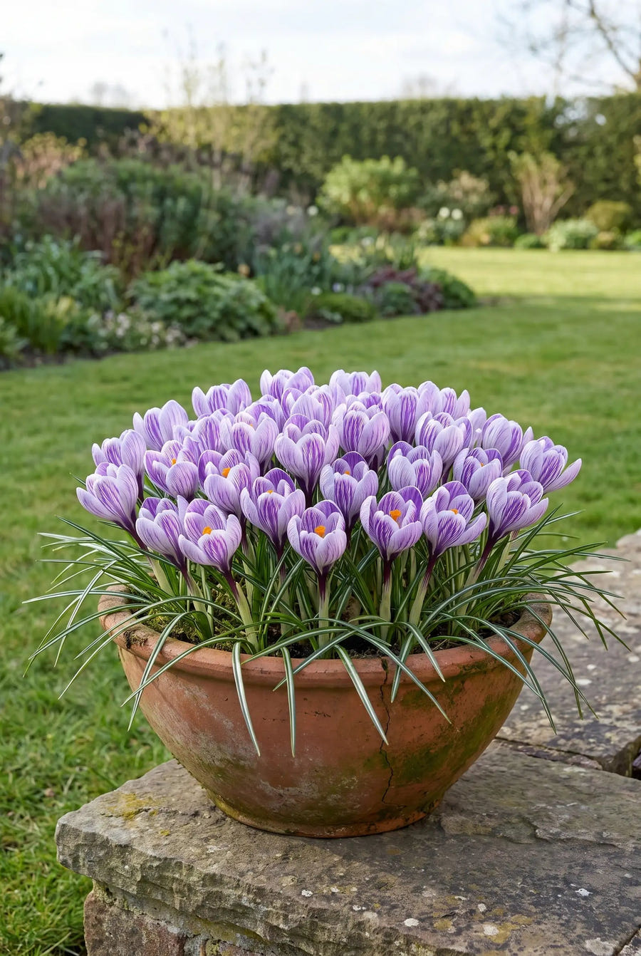 Crocus Pickwick — in pot op terras