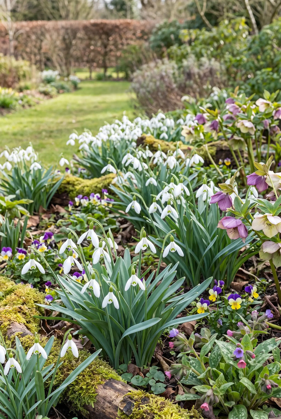 Galanthus Elwesii — groep in de tuinborder