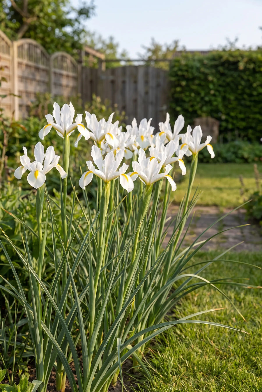 Iris White Magic — groep in de tuinborder